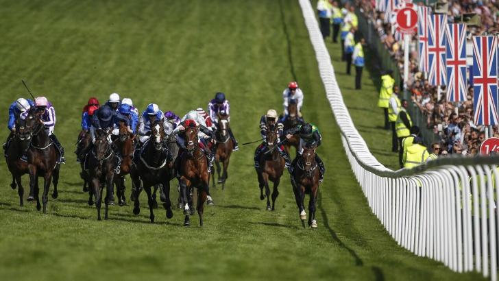Runners in the final furlong of the Derby at Epsom